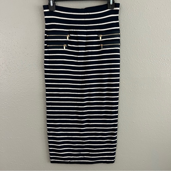 Cache Navy White Striped Knit Zipper Midi Pencil Skirt Size S Preppy Old Money - Picture 1 of 8